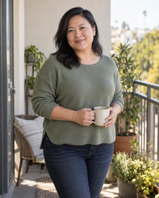 AI-generated lifestyle portrait of a woman holding a mug on her balcony