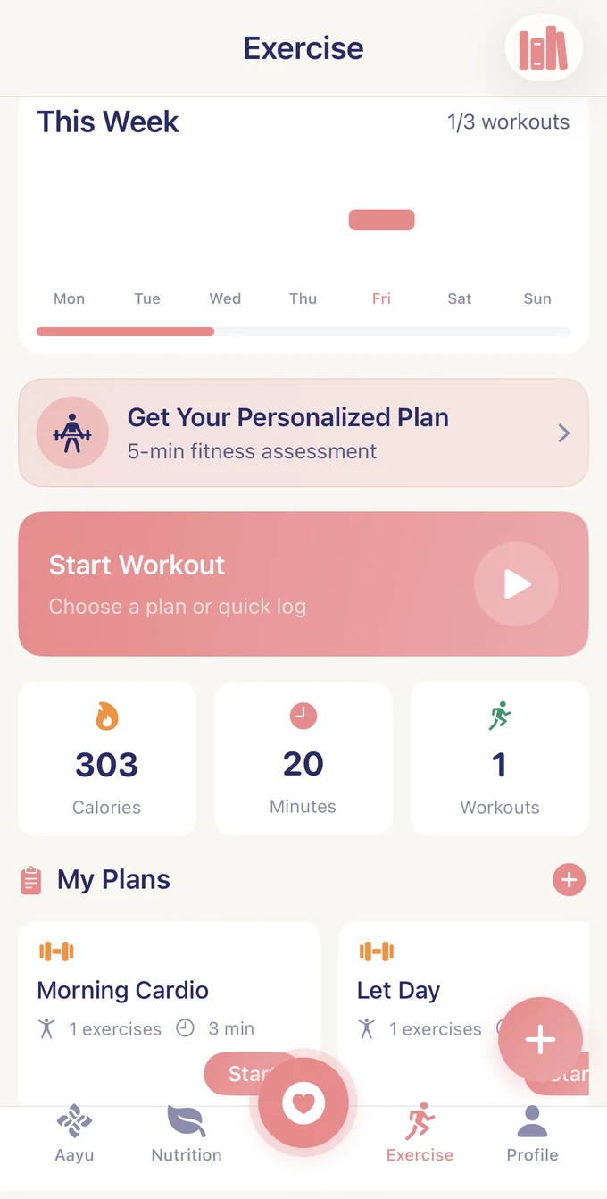 Aayu Well Exercise screen with weekly workouts, a personalized plan, workout logging, and saved plans.