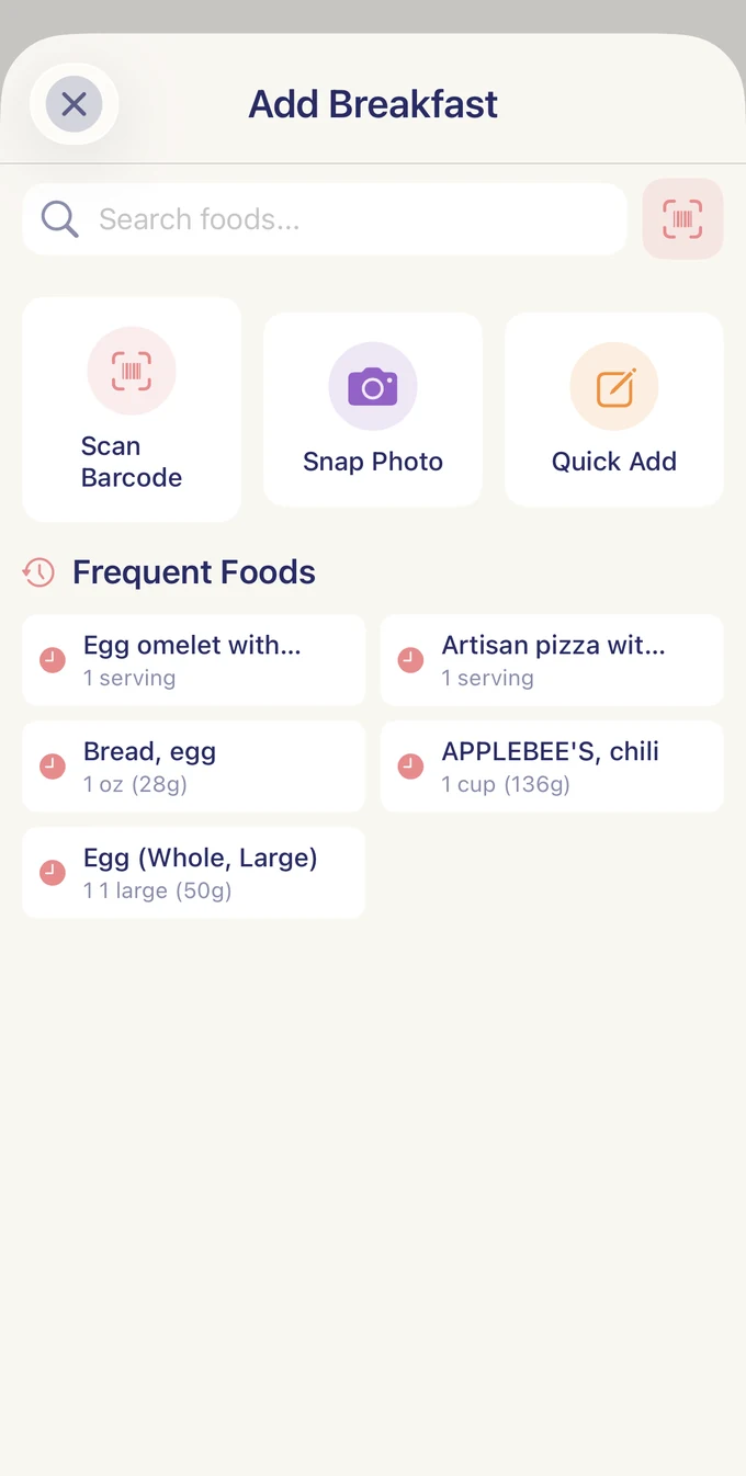 Aayu Well Add Breakfast screen with food search, Scan Barcode, Snap Photo, Quick Add, and Frequent Foods.