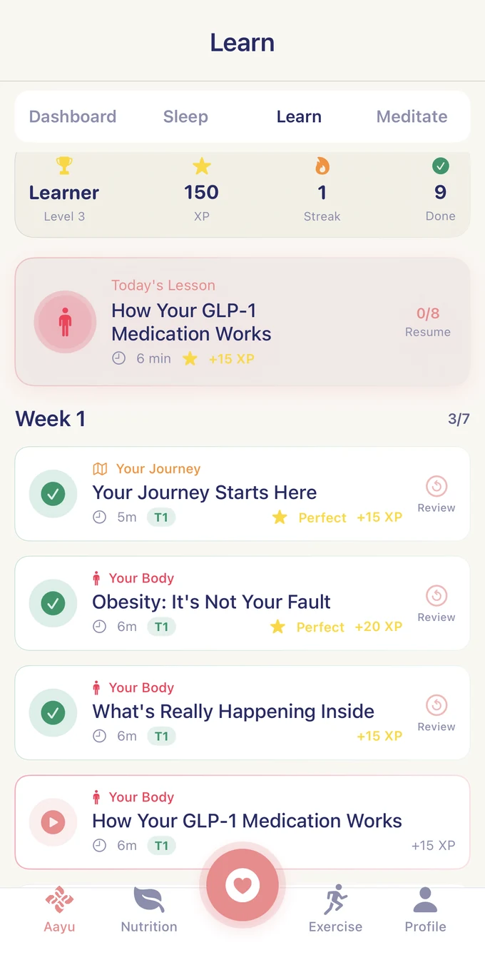 Aayu Well Learn screen with short GLP-1 lessons and weekly learning progress.